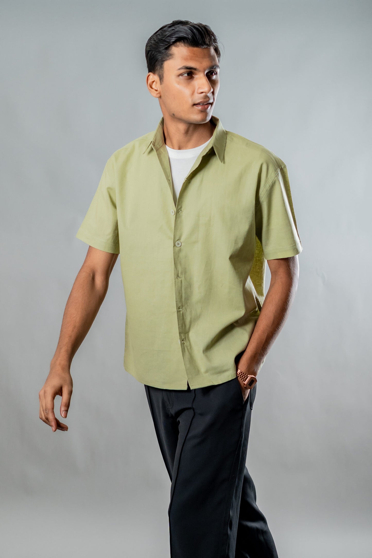 Linen Box Fit Oversized Half Sleeve Shirt — Dusty Sage