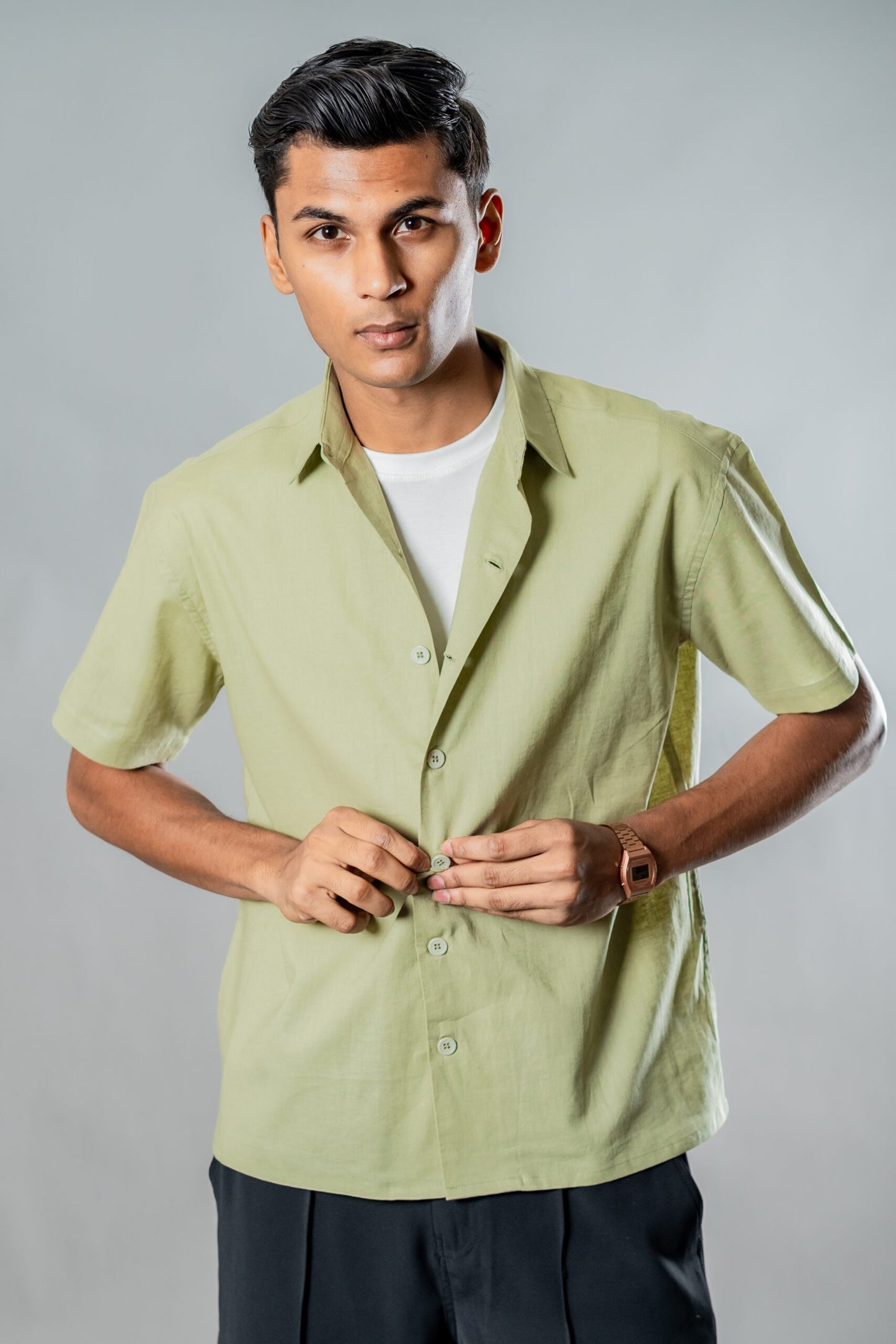 Linen Box Fit Oversized Half Sleeve Shirt — Dusty Sage