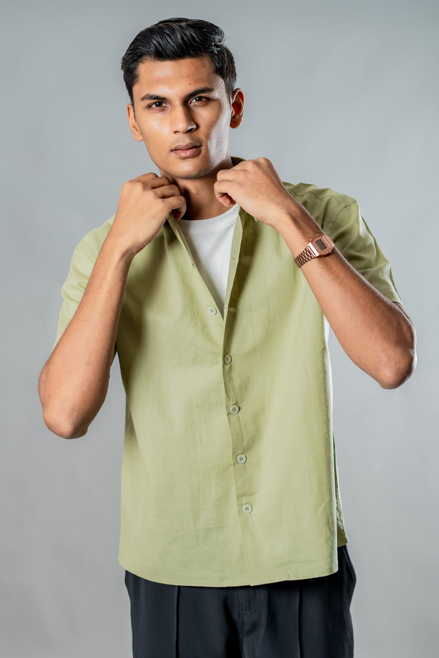 Linen Box Fit Oversized Half Sleeve Shirt — Dusty Sage
