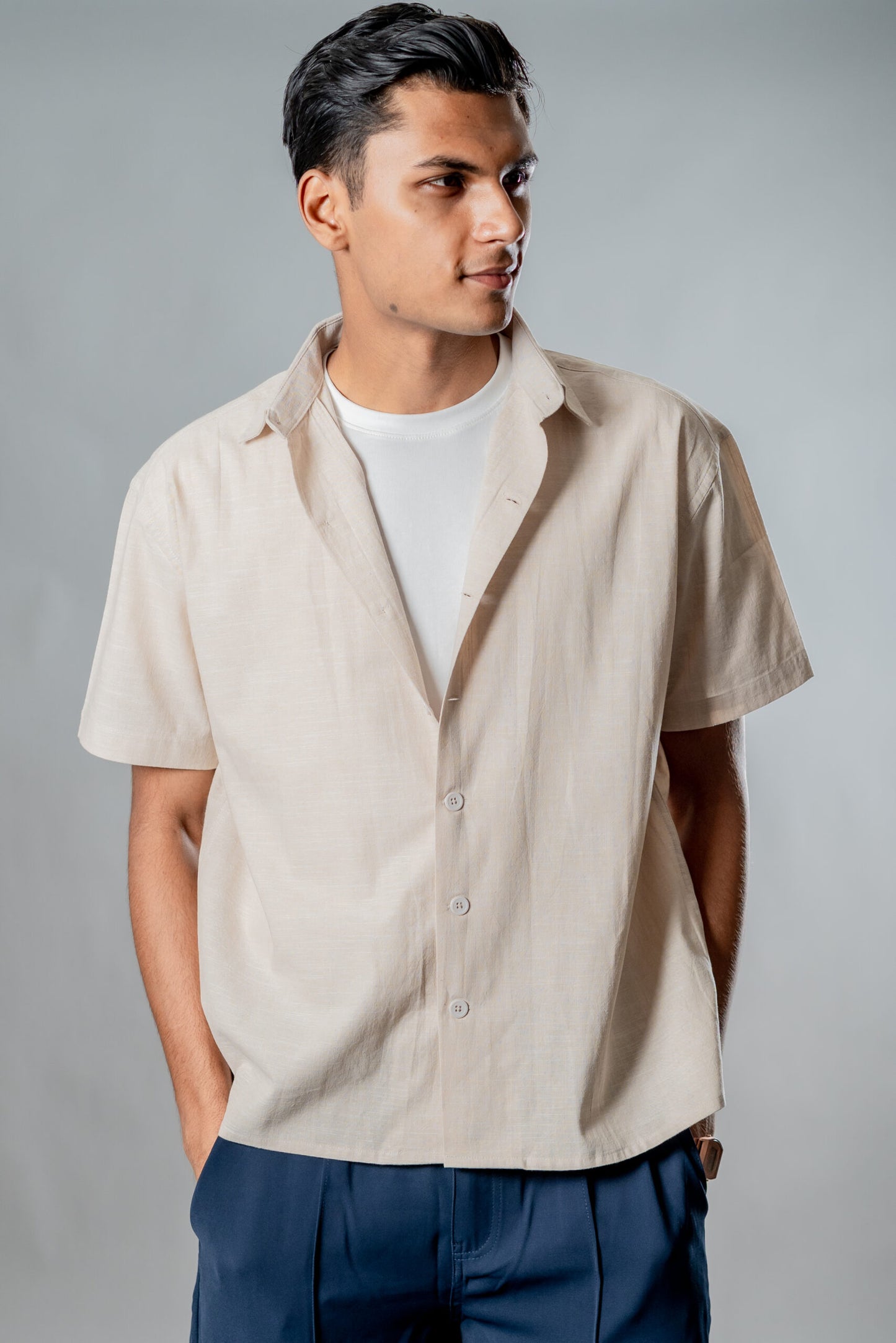 Linen Box Fit Oversized Half Sleeve Shirt — Vanilla Dust