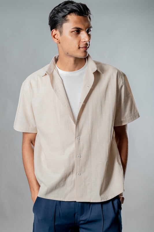 Linen Box Fit Oversized Half Sleeve Shirt — Vanilla Dust