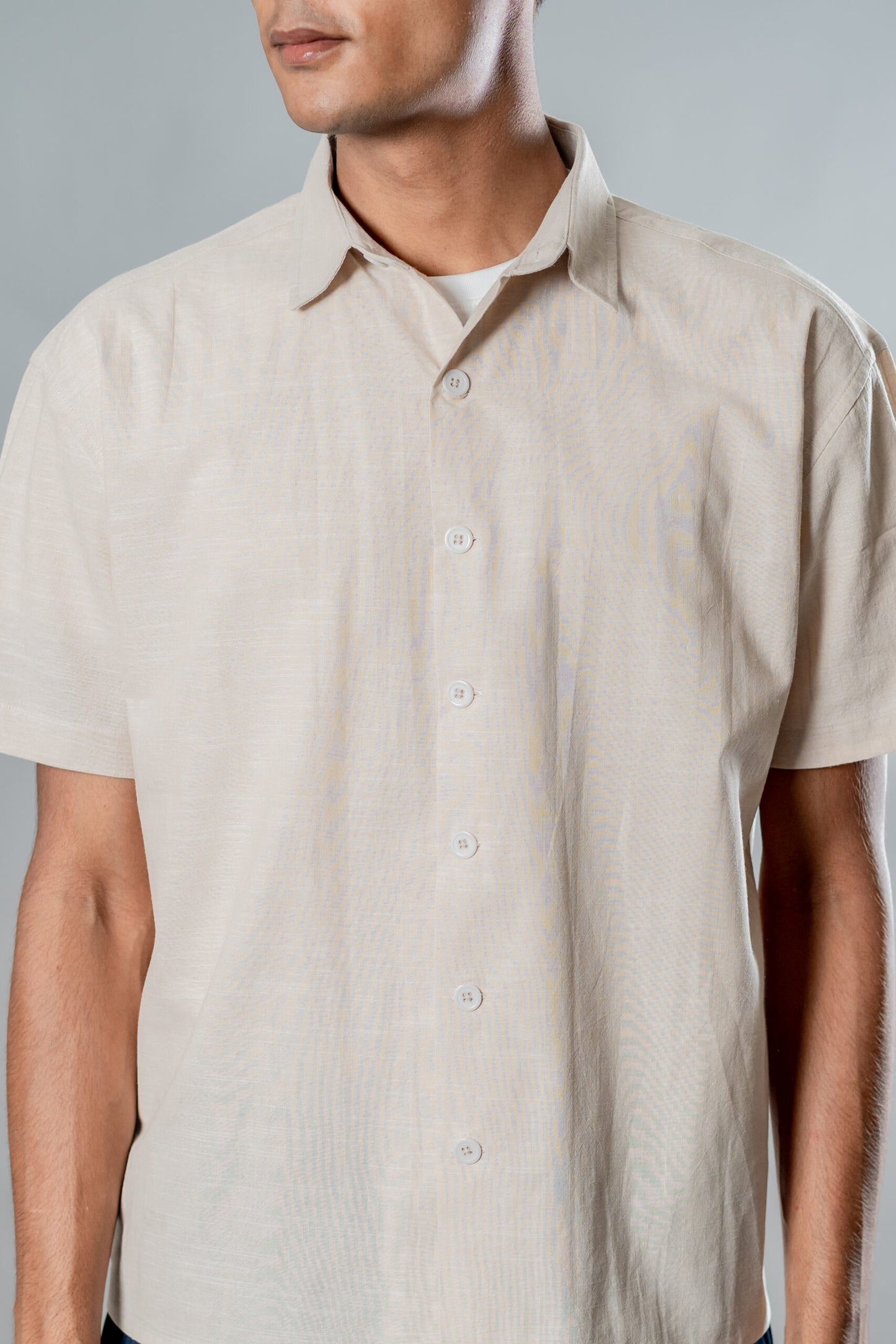Linen Box Fit Oversized Half Sleeve Shirt — Vanilla Dust