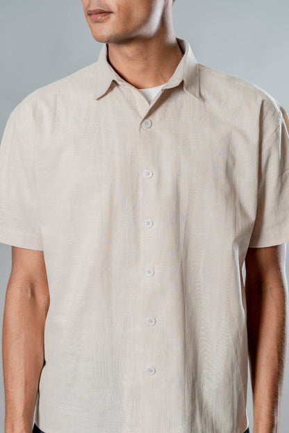 Linen Box Fit Oversized Half Sleeve Shirt — Vanilla Dust