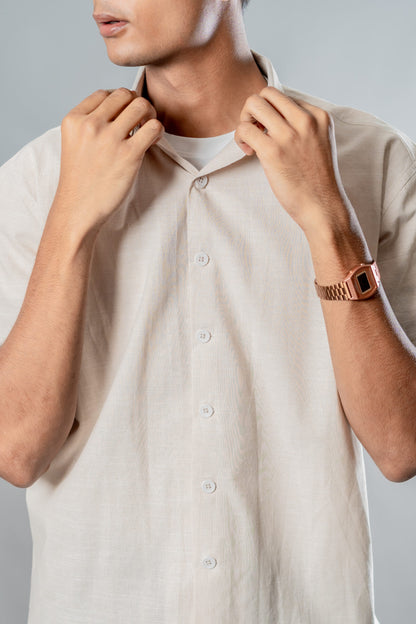 Linen Box Fit Oversized Half Sleeve Shirt — Vanilla Dust