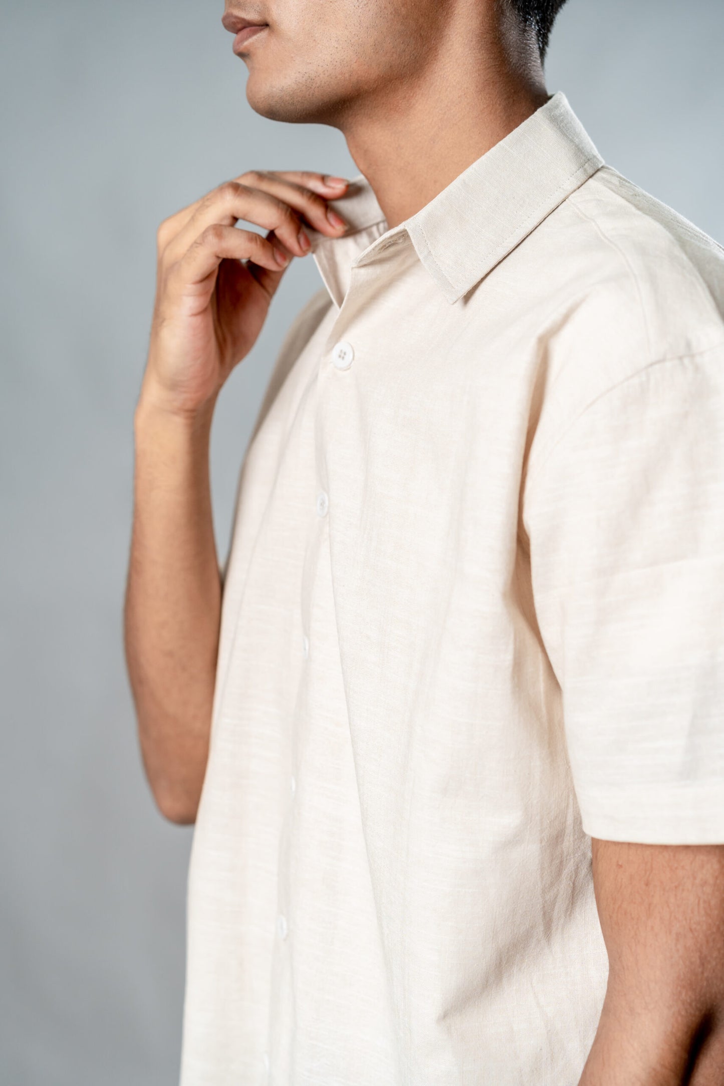 Linen Box Fit Oversized Half Sleeve Shirt — Vanilla Dust