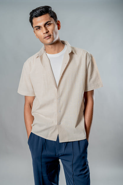 Linen Box Fit Oversized Half Sleeve Shirt — Vanilla Dust