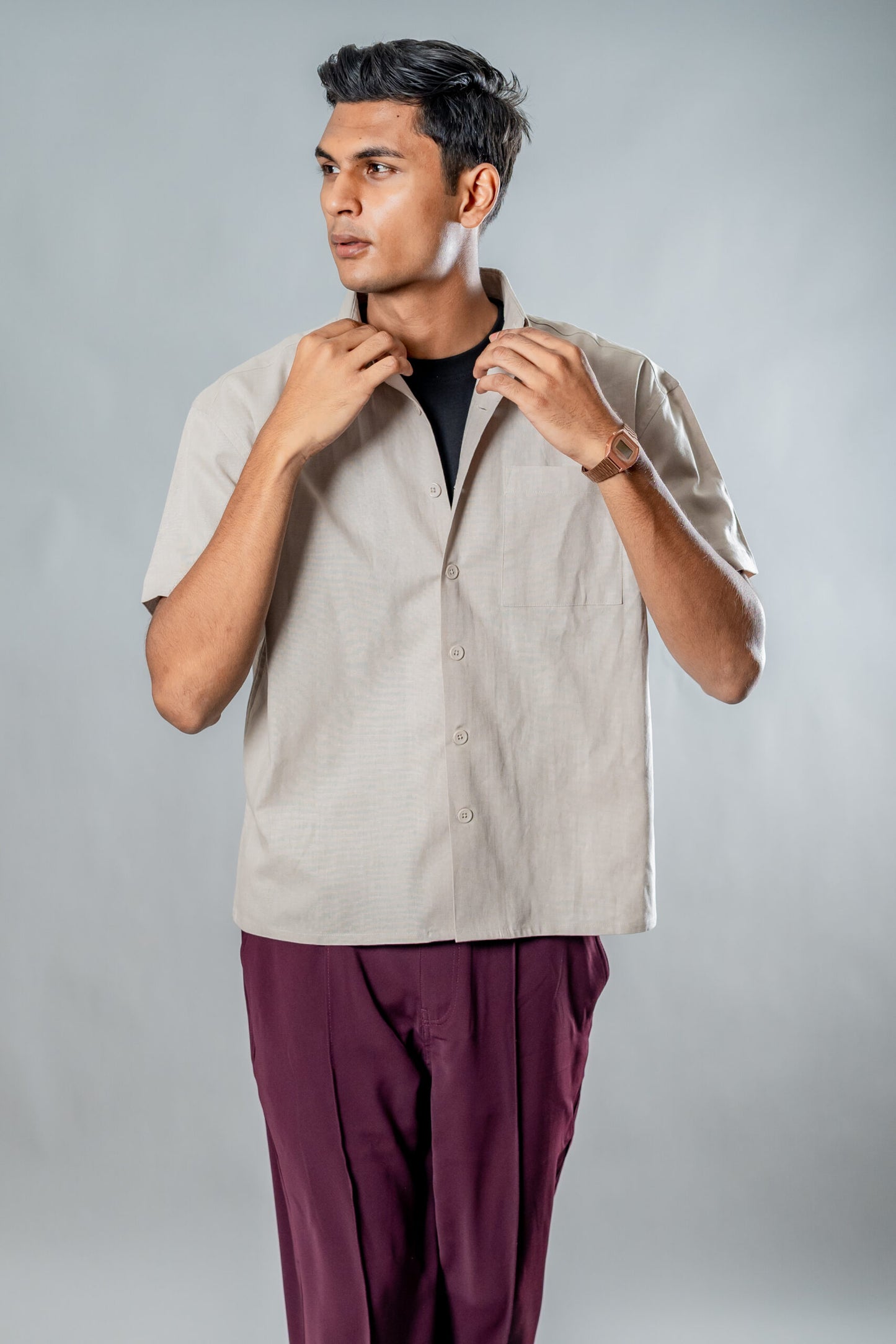 Linen Box Fit Oversized Half Sleeve Shirt — Light Beige