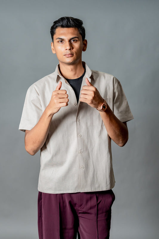 Linen Box Fit Oversized Half Sleeve Shirt — Light Beige