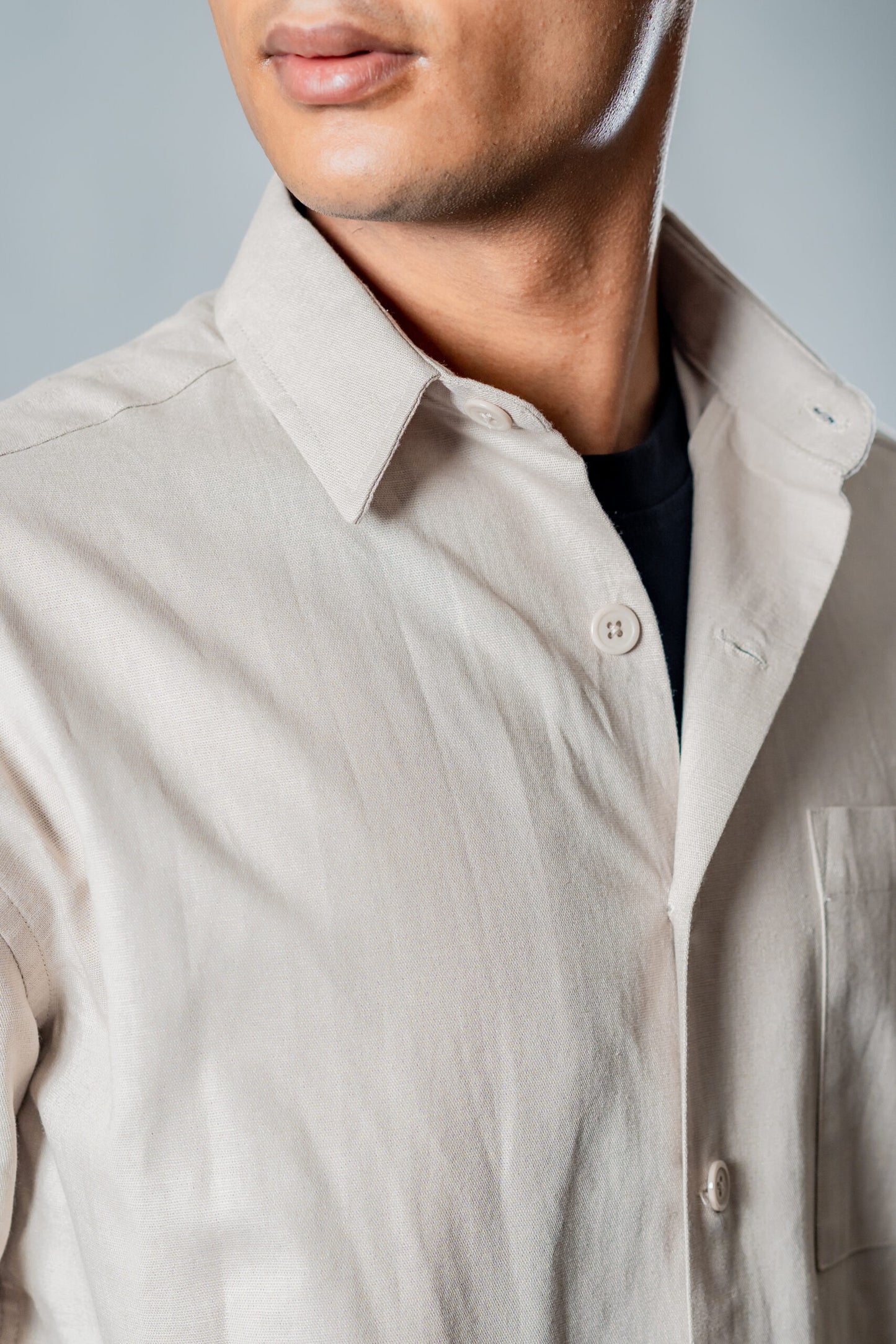 Linen Box Fit Oversized Half Sleeve Shirt — Light Beige