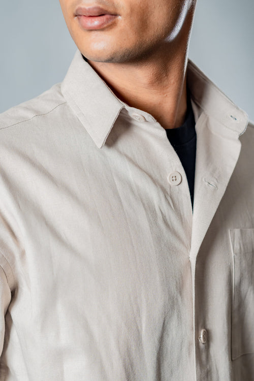 Load image 1 in gallery view. Linen Box Fit Oversized Half Sleeve Shirt — Light Beige