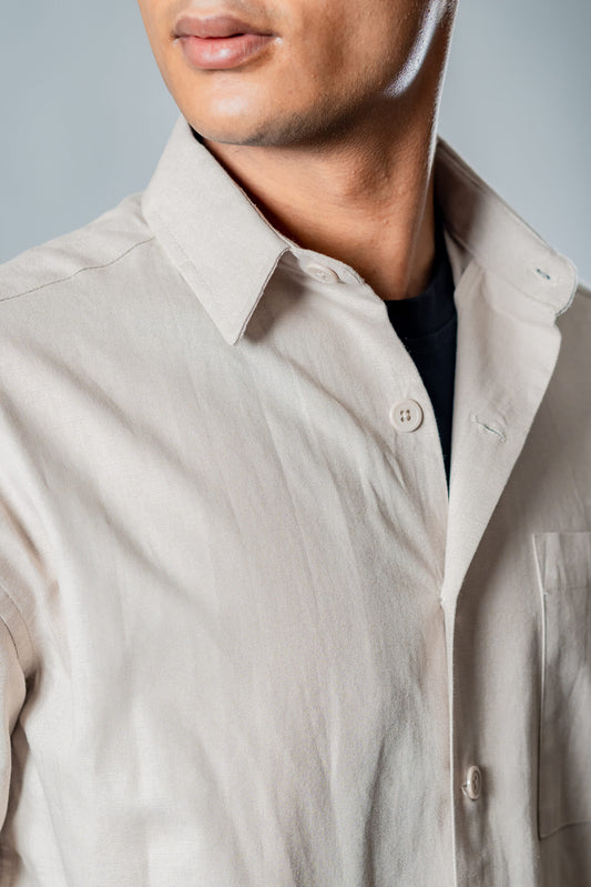 Linen Box Fit Oversized Half Sleeve Shirt — Light Beige
