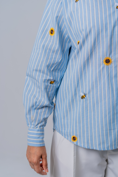 Load image 1 in gallery view. The Bumblebee & Sunflower Embroidered Striped Shirt