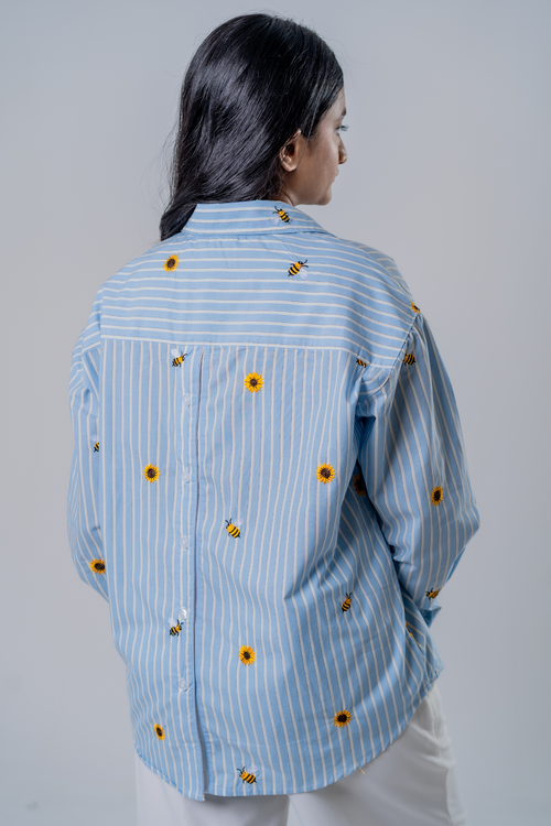 Load image 1 in gallery view. The Bumblebee & Sunflower Embroidered Striped Shirt