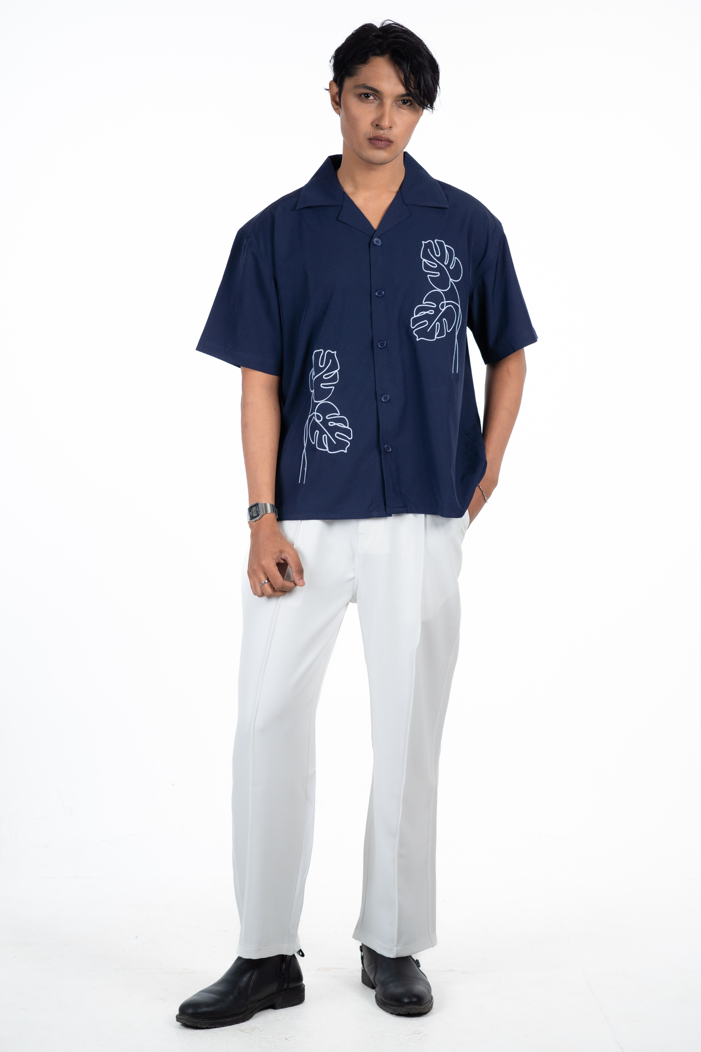 Embroidery Cuban Shirts — Midnight Navy