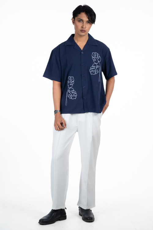 Load image 1 in gallery view. Embroidery Cuban Shirts — Midnight Navy