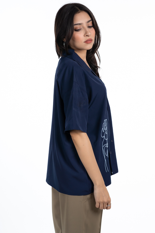 Load image 1 in gallery view. Embroidery Cuban Shirts — Midnight Navy