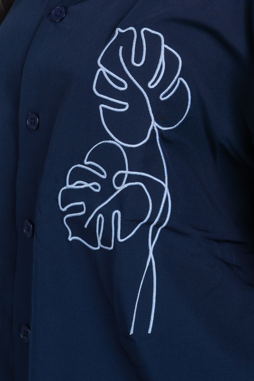 Load image 1 in gallery view. Embroidery Cuban Shirts — Midnight Navy