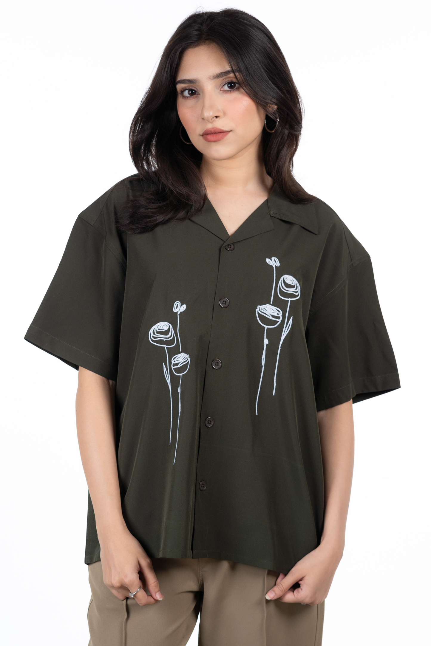 Embroidery Cuban Shirts — Olive