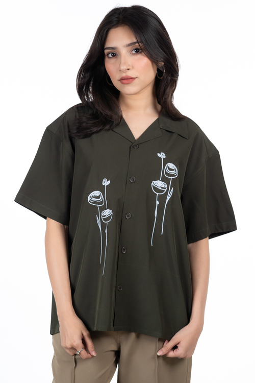 Load image 1 in gallery view. Embroidery Cuban Shirts — Olive