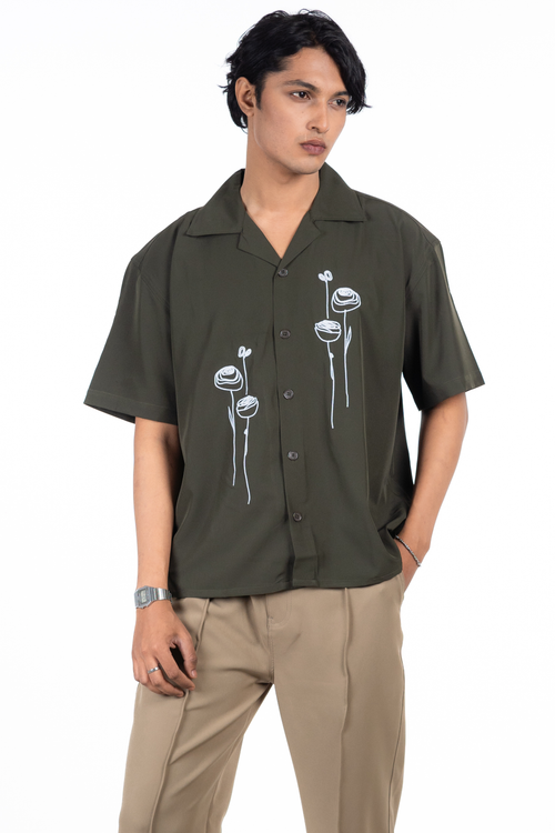 Load image 1 in gallery view. Embroidery Cuban Shirts — Olive