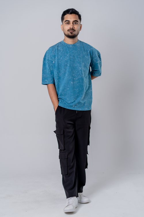 Load image 1 in gallery view. Faded-Acid Oversized Tee - Teal Blue