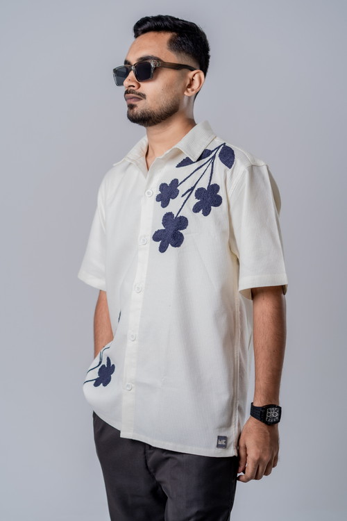 Load image 1 in gallery view. Floral Patch Waffle Shirt- Off White