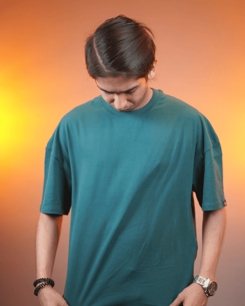 Load image 1 in gallery view. Solid Dark Green Oversized Drop Shoulder T-Shirt for Men | Comfortable Cotton Fabric | Mad Koffee Fashion