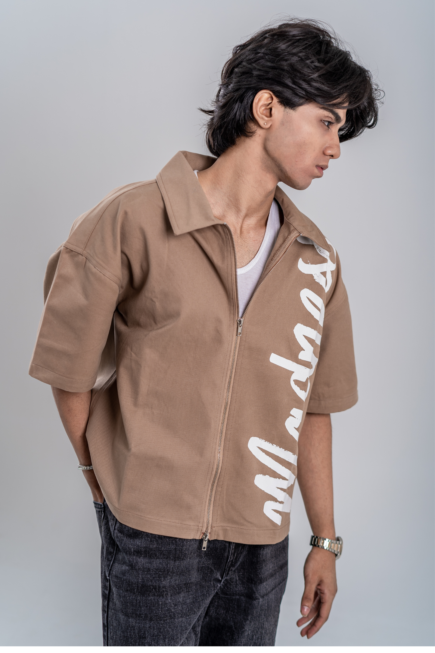 Double-Zip Boxy Shirt - Mocha