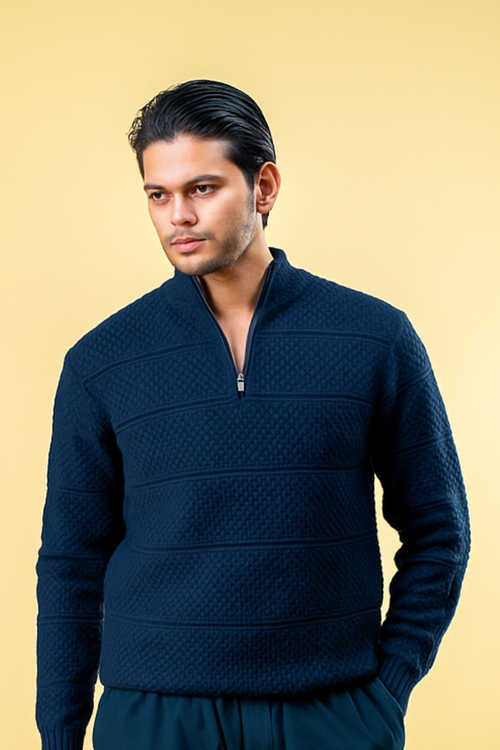 Load image 1 in gallery view. Polyamide Half-Zip Sweater: Navy Blue