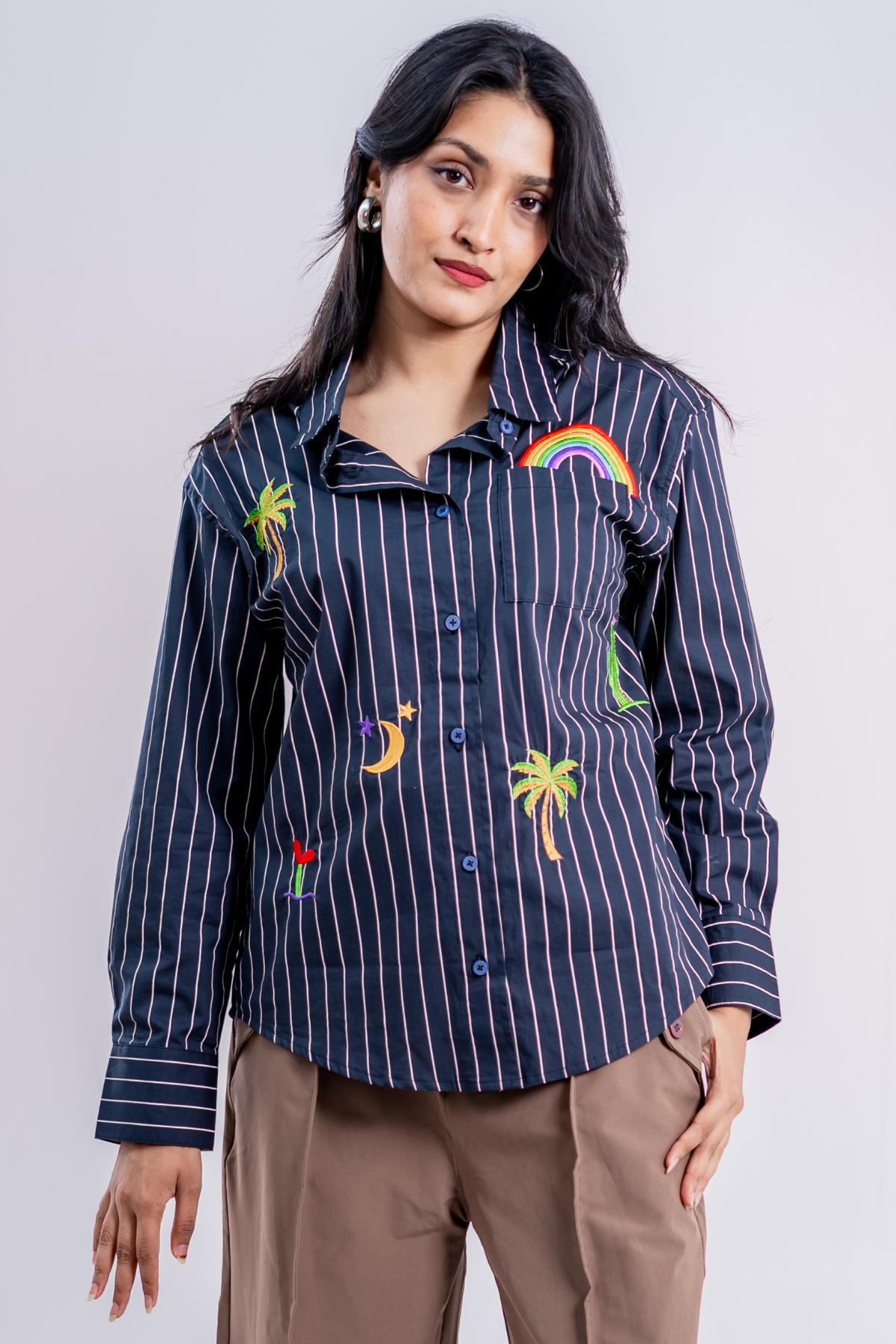 Tropic Bloom Button-Up Embroidered Striped Shirt