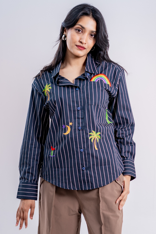 Load image 1 in gallery view. Tropic Bloom Button-Up Embroidered Striped Shirt
