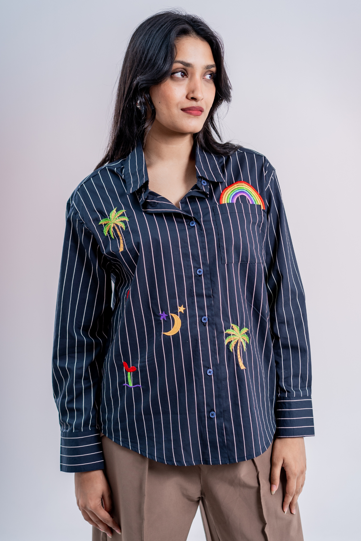 Tropic Bloom Button-Up Embroidered Striped Shirt