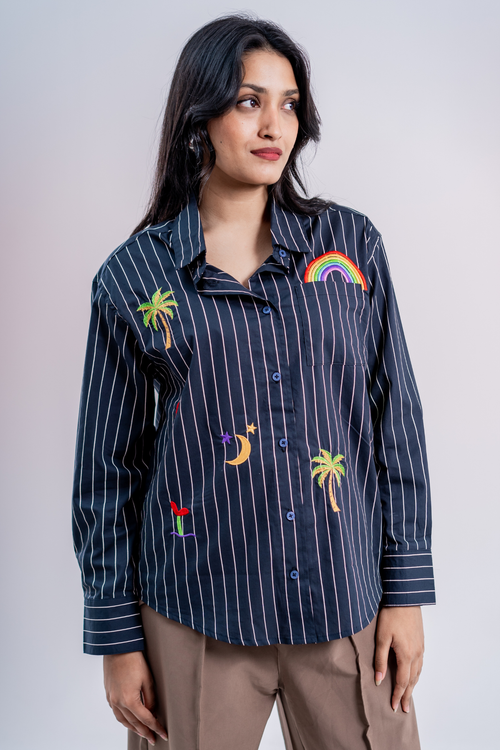 Load image 1 in gallery view. Tropic Bloom Button-Up Embroidered Striped Shirt