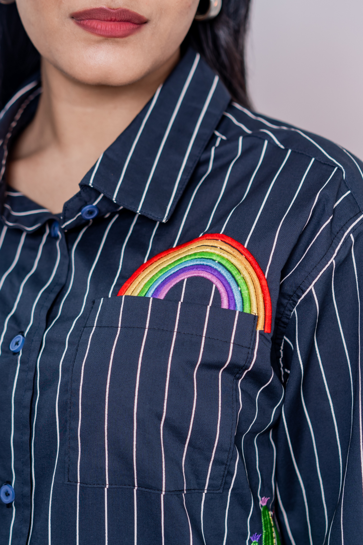 Tropic Bloom Button-Up Embroidered Striped Shirt