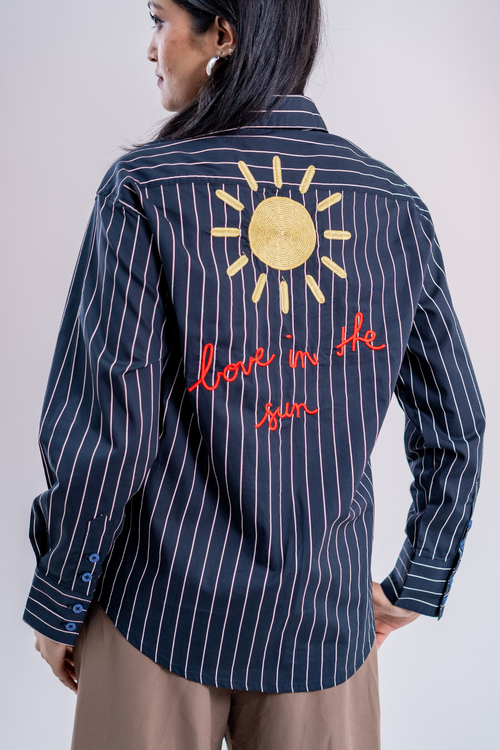 Load image 1 in gallery view. Tropic Bloom Button-Up Embroidered Striped Shirt