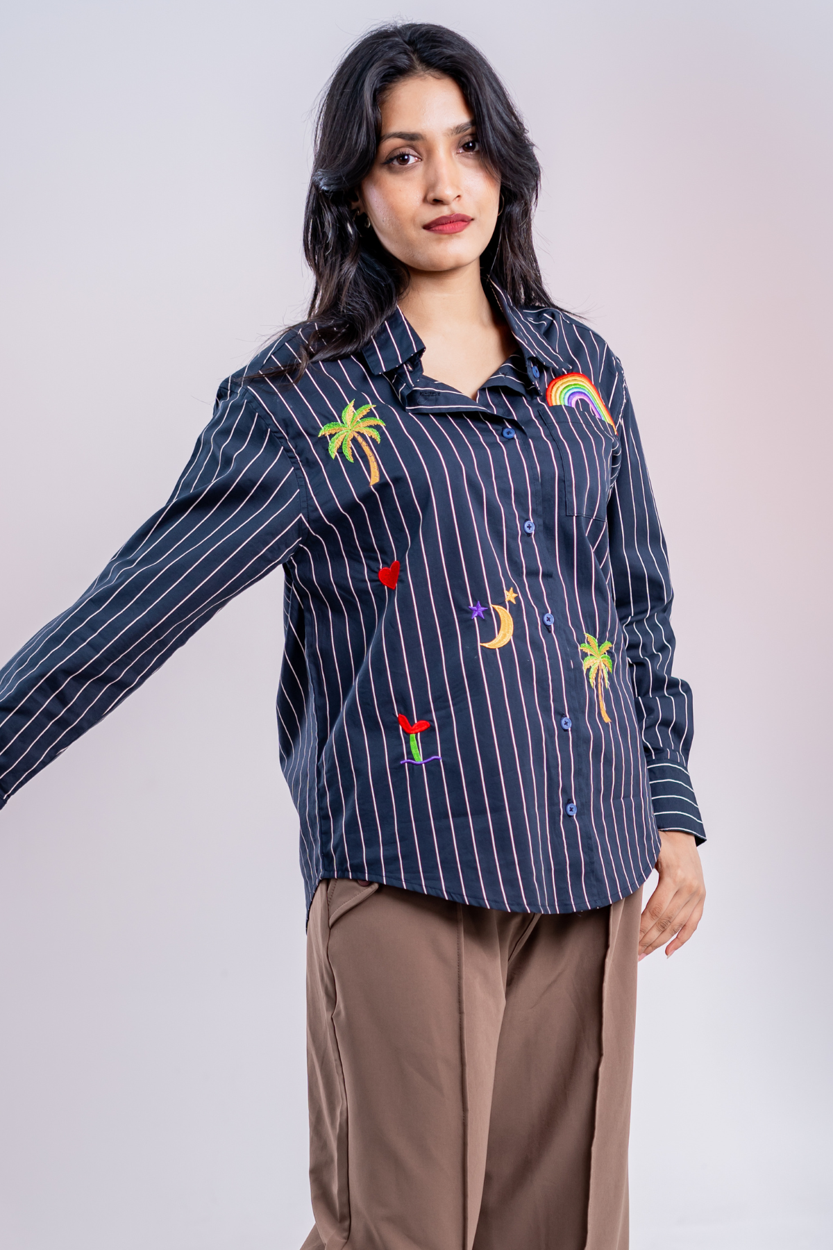 Tropic Bloom Button-Up Embroidered Striped Shirt