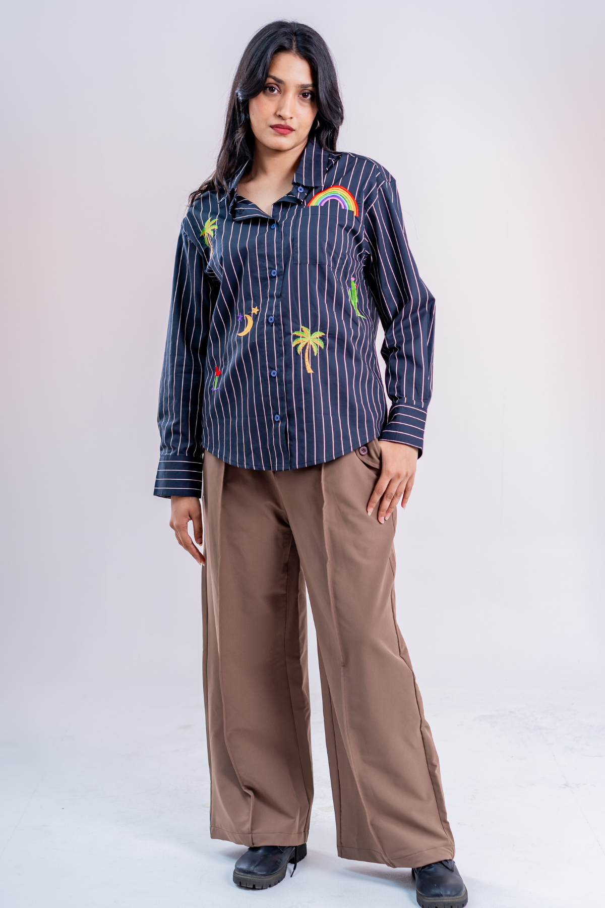 Tropic Bloom Button-Up Embroidered Striped Shirt