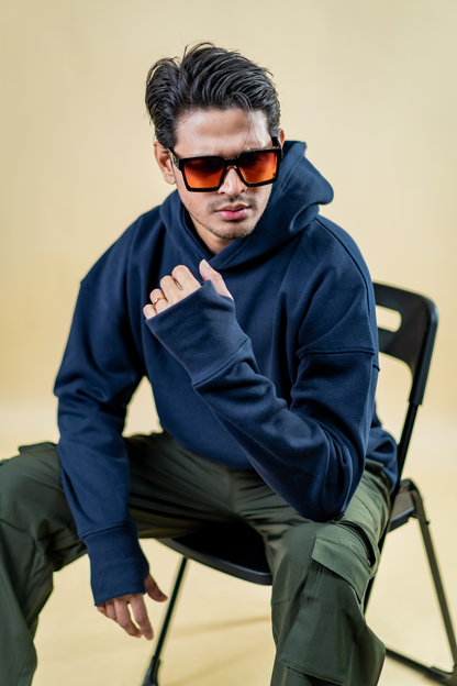 Oversized Drop Shoulder Hoodie: Navy Blue