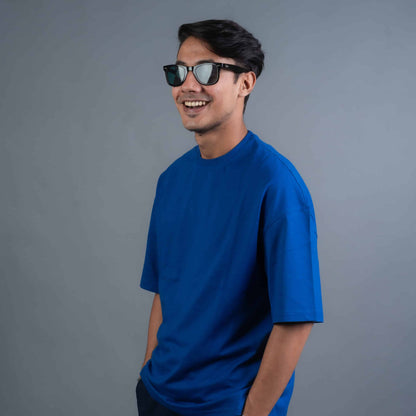 Solid Royal Blue Oversized Drop Shoulder T-Shirt for Men | Comfortable Cotton Fabric | Mad Koffee Fashion