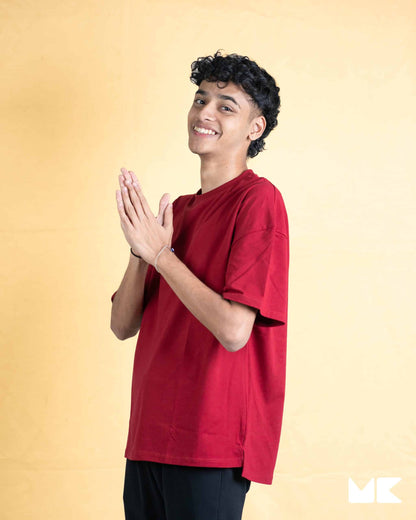 Solid Burgundy Oversized Drop Shoulder T-Shirt for Men | Comfortable Cotton Fabric | Mad Koffee Fashion