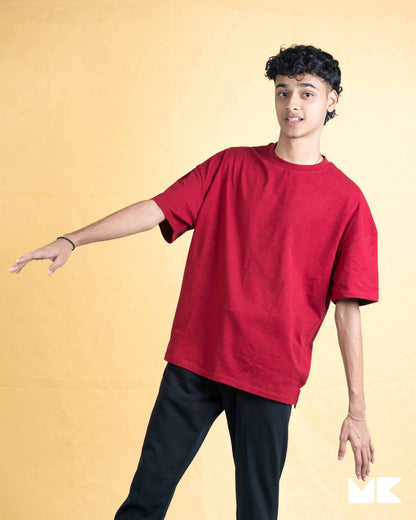 Solid Burgundy Oversized Drop Shoulder T-Shirt for Men | Comfortable Cotton Fabric | Mad Koffee Fashion
