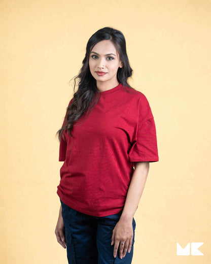 Solid Burgundy Oversized Drop Shoulder T-Shirt for Men | Comfortable Cotton Fabric | Mad Koffee Fashion