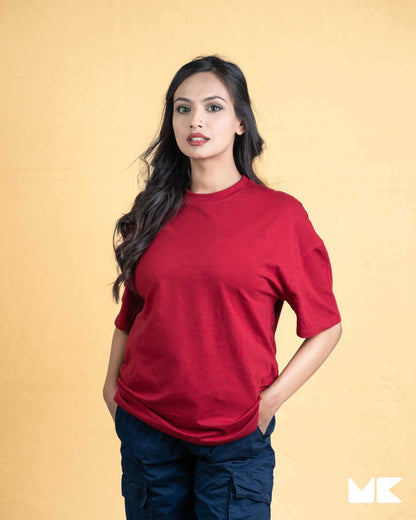 Solid Burgundy Oversized Drop Shoulder T-Shirt for Men | Comfortable Cotton Fabric | Mad Koffee Fashion
