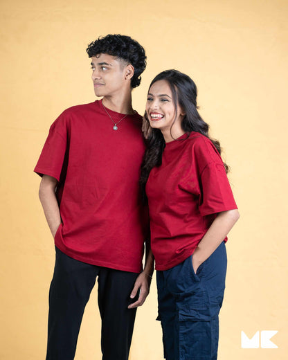 Solid Burgundy Oversized Drop Shoulder T-Shirt for Men | Comfortable Cotton Fabric | Mad Koffee Fashion