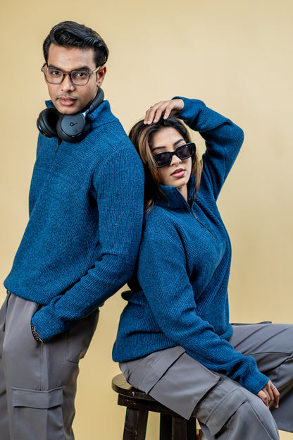 Wool Half Zipper Sweater: Teal Blue