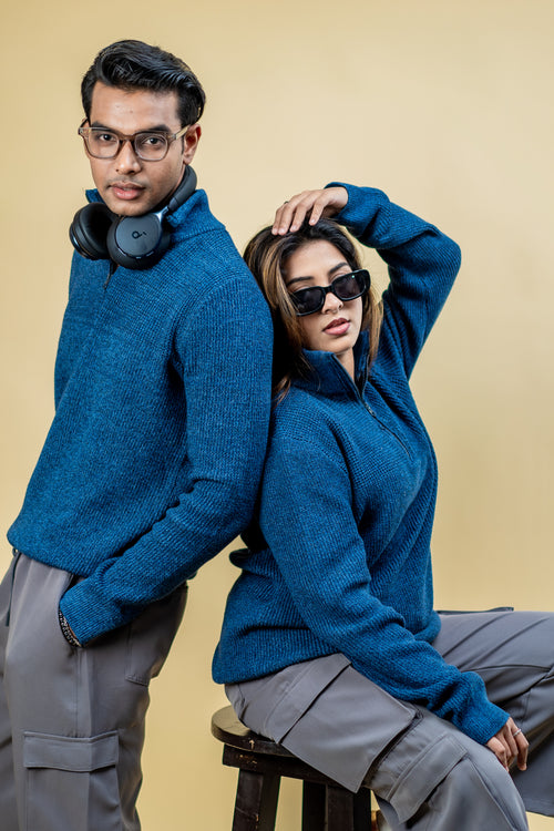 Load image 1 in gallery view. Wool Half Zipper Sweater: Teal Blue