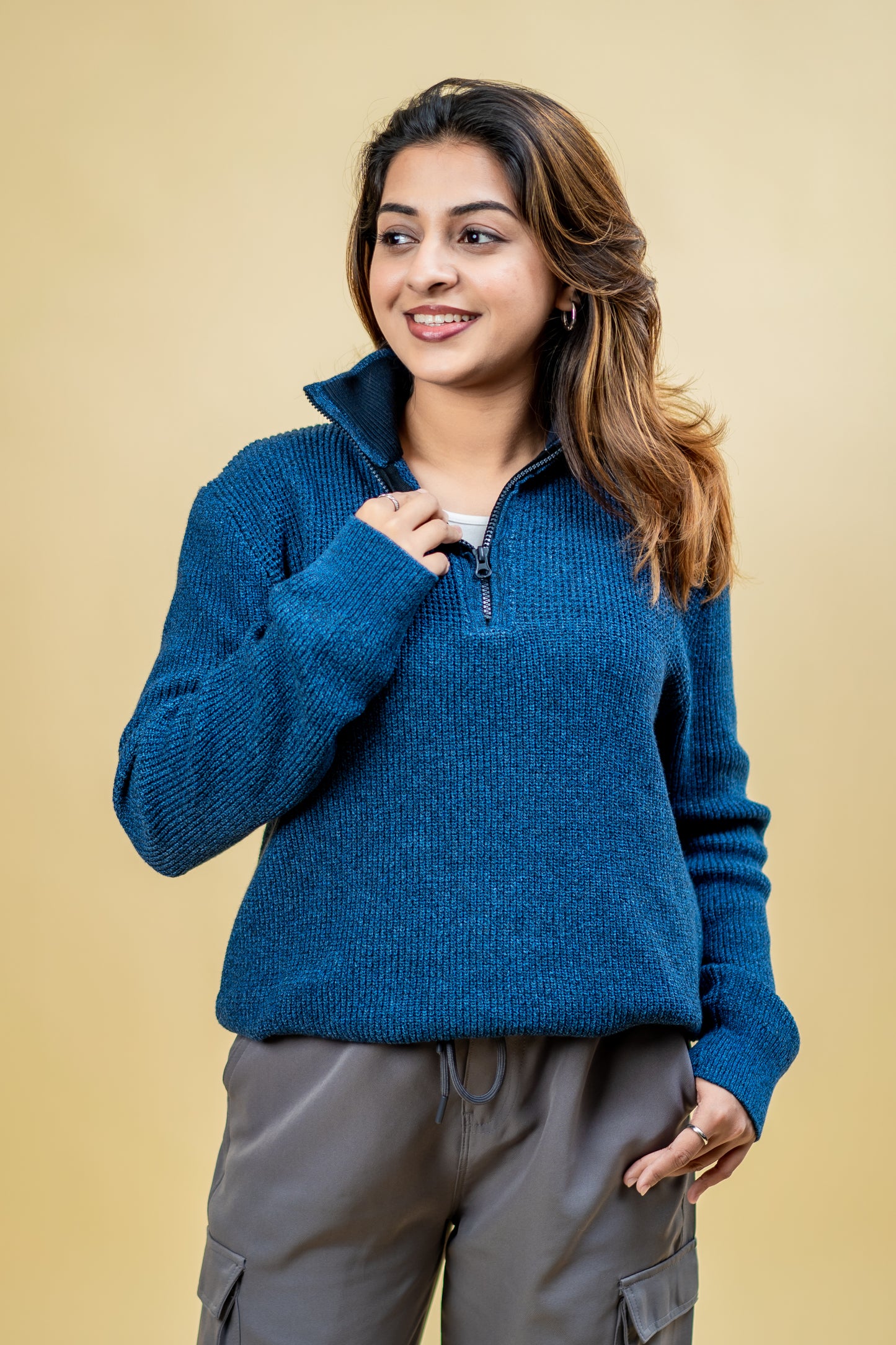 Wool Half Zipper Sweater: Teal Blue