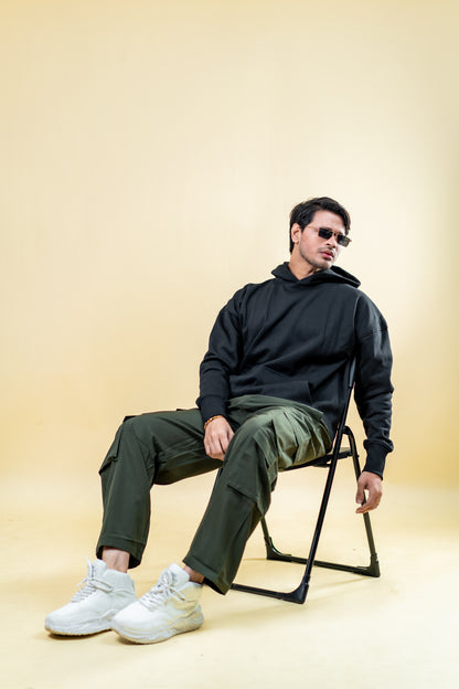 Oversized Drop Shoulder Hoodie: Black