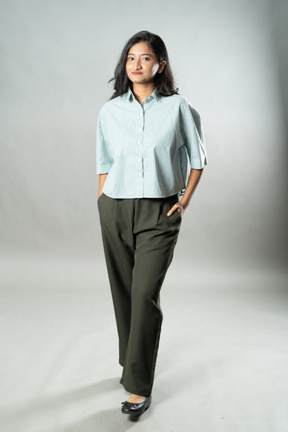 Cropped Oversized Shirts — Mint Green Stripes