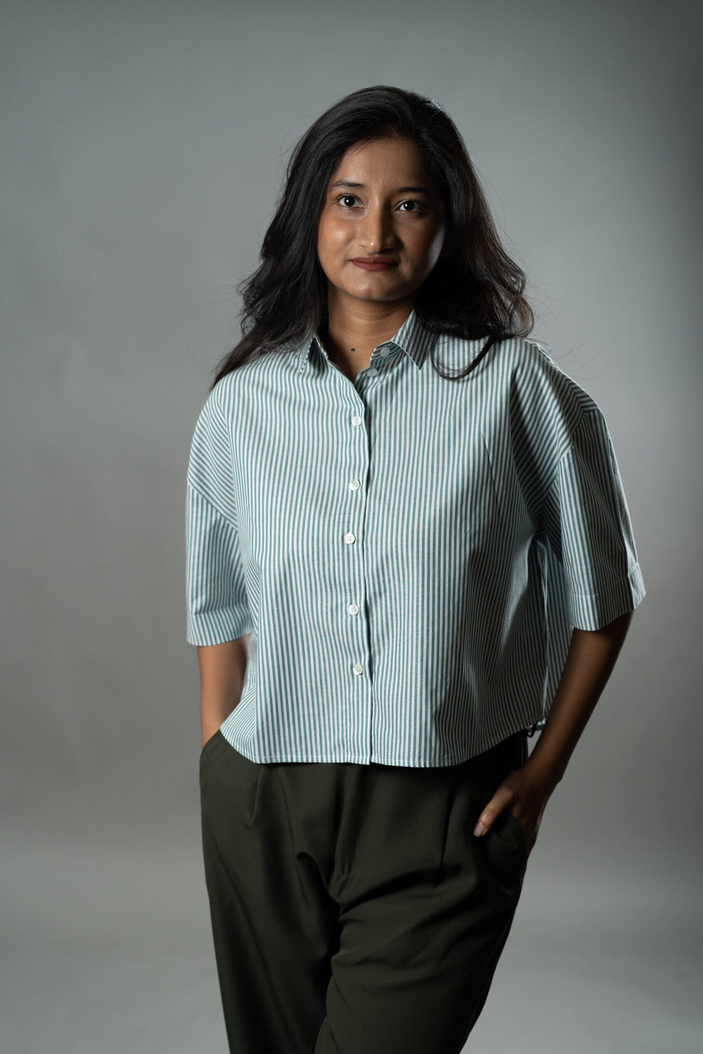 Cropped Oversized Shirts — Mint Green Stripes